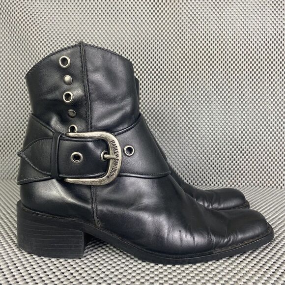 Harley Davidson Boots Womens Size 6 Black Leather Buckle Biker Ankle Boots - Picture 1 of 12